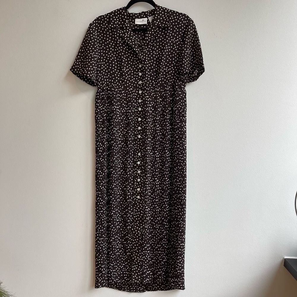 Liz Claiborne Brown Polka Dot Midi Dress Pleated Button-up Size 4